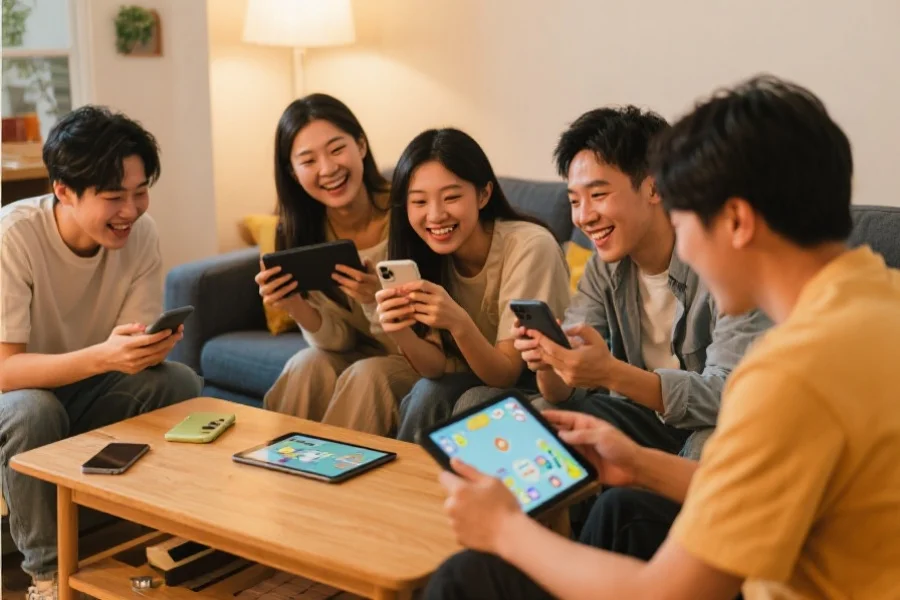 一群年轻人在舒适的客厅里,用平板电脑和手机开心地互动游戏,气氛轻松愉快